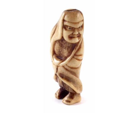 19th century Japanese Netsuke of Daruma, the Zen Patriarch with menacing face head and shoulders covered with robes, unsigned
