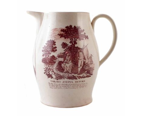 Creamware Duke of Leinster commemorative jug circa 1800, printed with a central portrait, the sides printed with 'The Lovers 