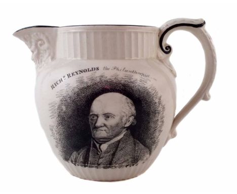 Richard Reynolds Philanthropist commemorative jug circa 1816, with mask moulded spout printed with a portrait, 11cm high   Ri