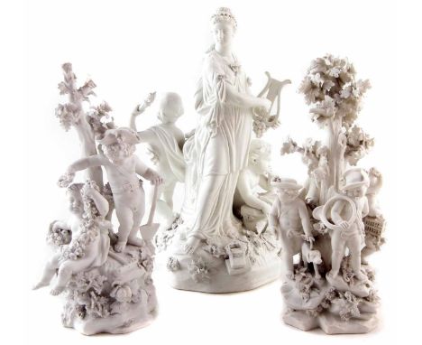 Three Derby biscuit porcelain figure groups, the first modelled to represent Music modelled with a lady holding a lyre and tw