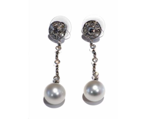 18ct white gold cultured pearl and diamond set drop earrings, round diamond studs comprising central diamond surrounded by 8 