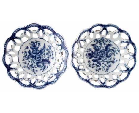 Pair of small Worcester pierced baskets circa 1780, printed with Pinecone pattern in underglaze blue, crescent marks to bases
