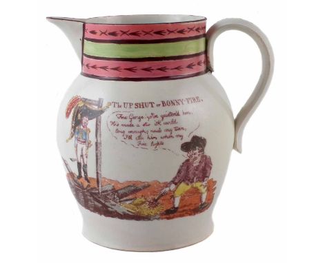 Pearlware Anti - Bonaparte Peninsular war / Waterloo period jug circa 1800 - 1815, printed with a cartoon depicting Napoleon 