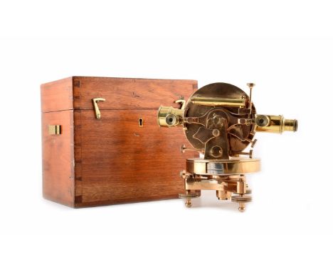 Surveyor's level by Negretti & Zambra contained in mahogany travel box, accompanied by brass and mahogany tripod.    