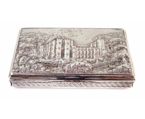 Silver castle-top snuff box by Nathaniel Mills, cover chased with Kenilworth house, base and sides with engine turned decorat