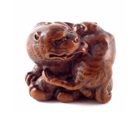 Japanese hardwood Netsuke Mother, Tiger and Cub, possibly by Kokei of Kuwana, Edo period, faintly signed.  Sotheby's 8th Feb 