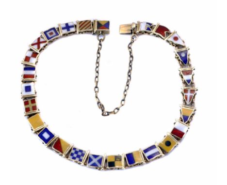 Gold and enamel nautical signal flag bracelet, comprising 26 enamel flags representing each letter of the alphabet with their