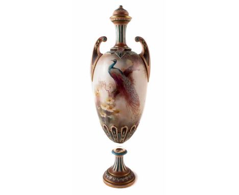 Hadley's Worcester twin handled lidded vase, painted with a peacock, printed marks  to base, 40cm high     