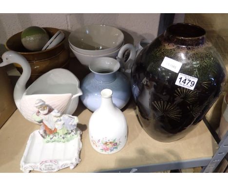 Shelf of mixed ceramics to include vases, largest H: 40 cm. Not available for in-house P&amp;P 