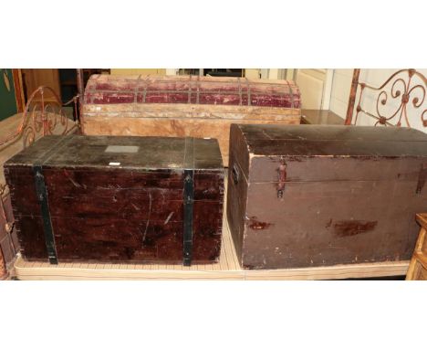 Three various American trunks, comprising an iron bound example with contents bearing plaque for Bristol, Connecticut, a dome