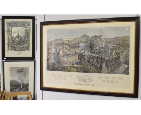 A large print of Edinburgh in 1886, together with two further prints, St. Cuthberts, Darlington and a signed print of a lands