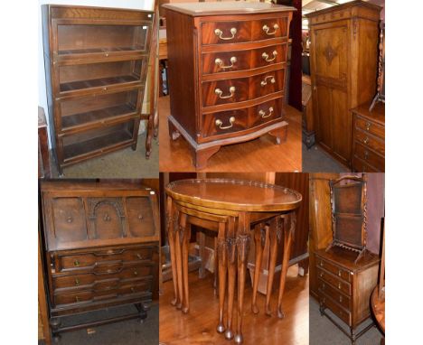 A 1920s oak single wardrobe and an oak bureau of similar taste, an oak four height chest, a reproduction serpentine front che