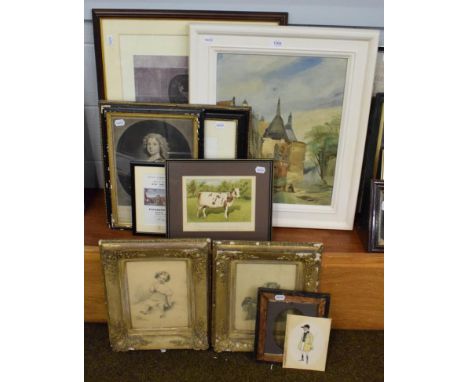After Harrington Bird, Simonian and Fullerton, greyhounds, print together with a 20th century oil canvas continental town sca
