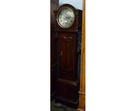 A Regency style mahogany eight day longcase clock, silvered circular dial unsigned, 20th century.  Case with cracks and chips