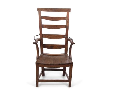 A George III oak shepherds chair with reclining ladder back, shaped arms and a hard plank seat, 112cm high, 59cm wide and 40c