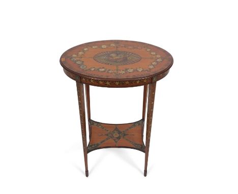 A late 19th Century satin wood and floral painted occasional table with oval top, tapering legs and base shelf, 51cm wide, 34