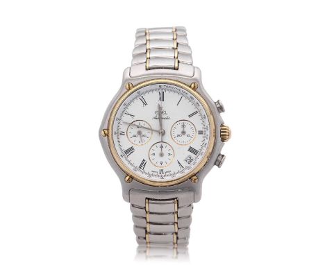 Ebel gents automatic chronograph wrist watch, 18ct gold bezel and bracelet interims, white dial with three chronograph dials 