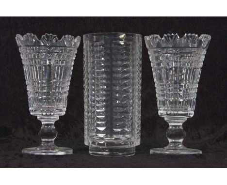 A pair of Waterford Crystal cut glass vases, artisan pieces made as an award at the Waterford Festival of Light Opera togethe