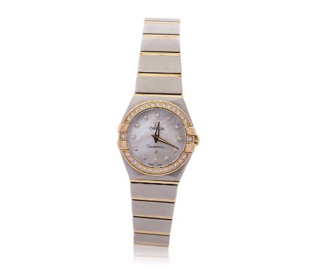 An Omega Constellation ladies wristwatch, the watch has a mother of pearl dial with diamond surrounded bezel, quartz movement
