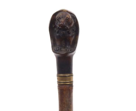 An unusual Victorian walking cane, the finial formed as a carved tortoiseshell model of a Pug appearing at a doorway, set on 