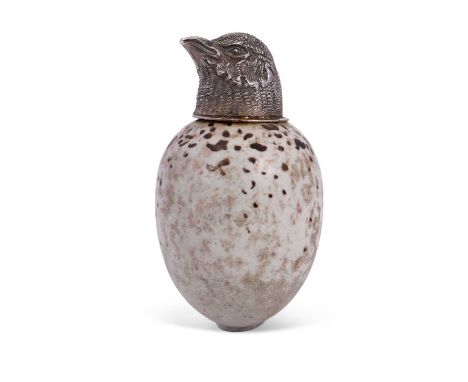 A MacIntyre bird head ceramic egg scent bottle, the screw on cover formed as a chick's head and stamped Rd No 20060, with a r