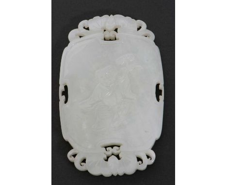 Chinese Carved Pale Jade Pendant Early 20th Century carved with a Chinese figure in relief to one side with carved double hap