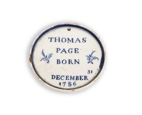 A rare Lowestoft porcelain birth tablet painted in underglaze blue the front inscribed Thomas Page born 31 December 1786 with