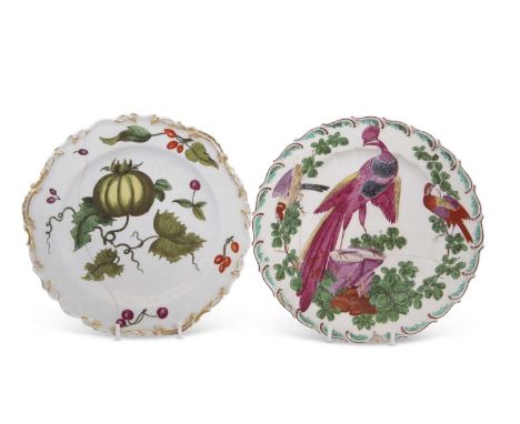 Two 18th Century Chelsea porcelain plates, one painted in botanical style with shaped gilt rim, the second painted with exoti