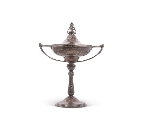 White city Greyhound silver trophy, the shallow bowl with pull-off lid, applied with a large decorative cast finial between a