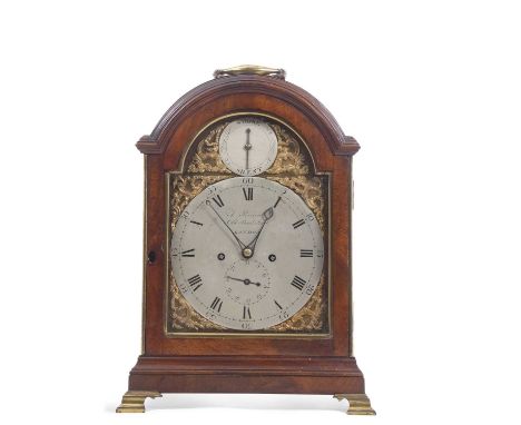 J.Percival, Old Bond Street, London A Georgian mahogany cased bracket clock with arched silvered dial with pierced spaundrels