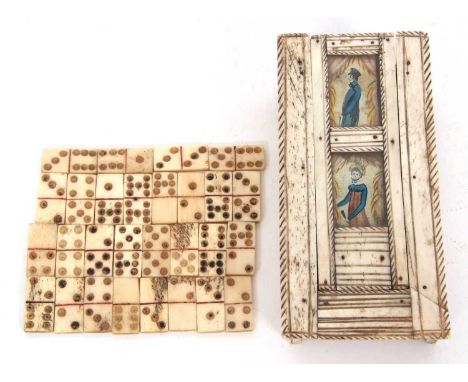 A Prisoner of War bone dominoes box, early 19th Century, the sliding lid with two panels painted in watercolour, depicting a 