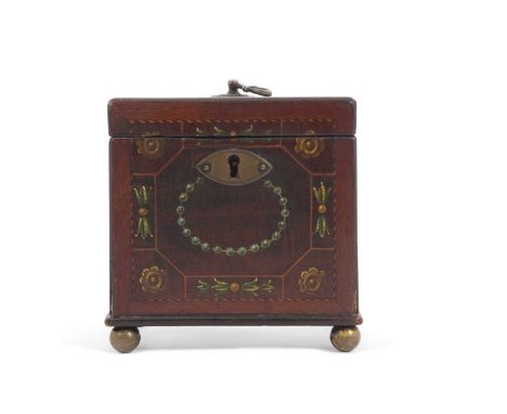 A Georgian mahogany and painted small tea caddy with hinged lid and small brass ball feet, 13cm wide