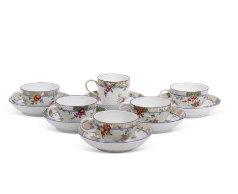 Six Meissen cups and saucers all with painted floral designs, cross swords and star mark to base