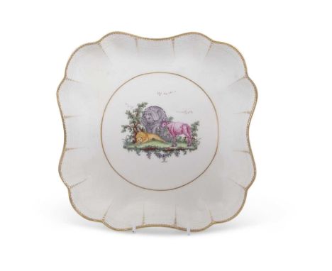 A Worcester porcelain dish circa 1780, the centre with a fable pattern designrestored