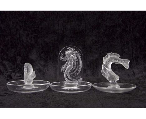 A LALIQUE NAIADE RING OR PIN DISH with central arched plaque depicting a water nymph, signed to base, together with a pin dis
