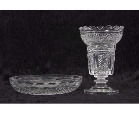 A Waterford Crystal glass vase, hobnail cut on short stem with median knop together with a large shallow bowl