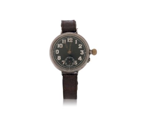A World War One military white metal cased trench watch, stamped on the inside of the case back 925, has a crown wound moveme