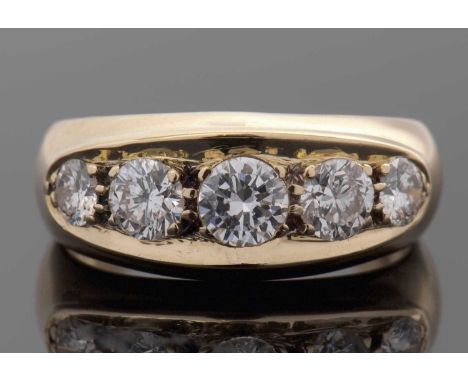 A five stone diamond ring, the five graduated round brilliant cut diamonds, total estimated approx. 1.59cts, all claw set wit