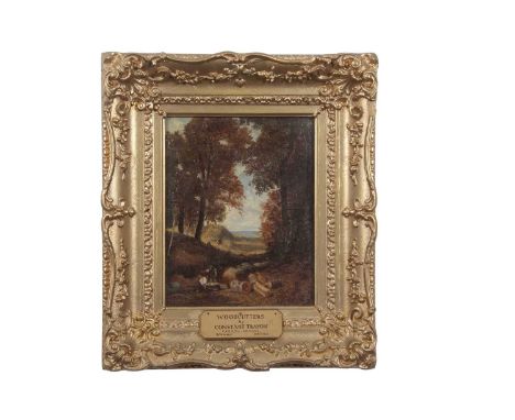 Attributed to Constant Trayon (French, 1810-1865) after John Constable, "Woodcutters", oil on board, bears inscription 'John 