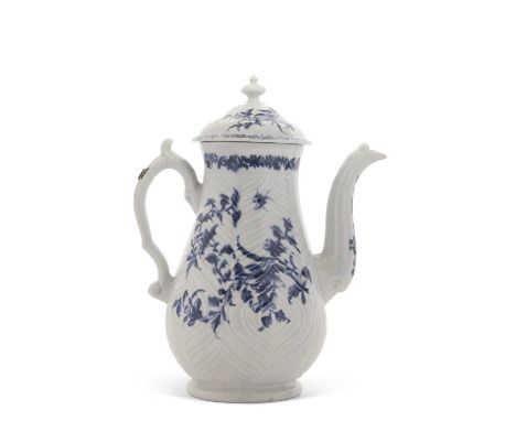 An 18th Century Worcester porcelain coffee pot and cover with the feather moulded floral pattern (repair to handle)