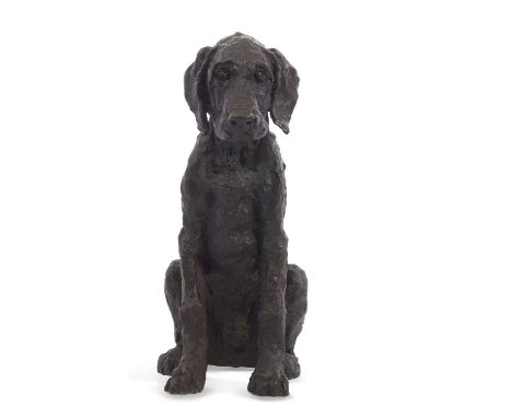 Rosemary Cook (B 1952): A bronzed resin model of a seated dog, signed to one side R Cook, the base marked 04/.25 probably lim