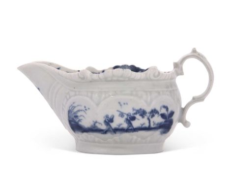 A small Worcester porcelain cream boat decorated in underglaze blue with the Two Porter landscape pattern