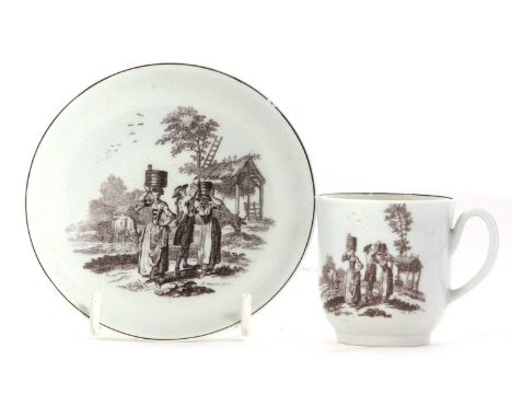 A Worcester porcelain cup and saucer printed with the Milk Maids pattern