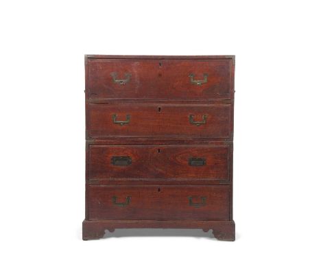 A 19th Century teak campaign chest of small proportions, formed of two sections, the top section with a secretaire drawer and