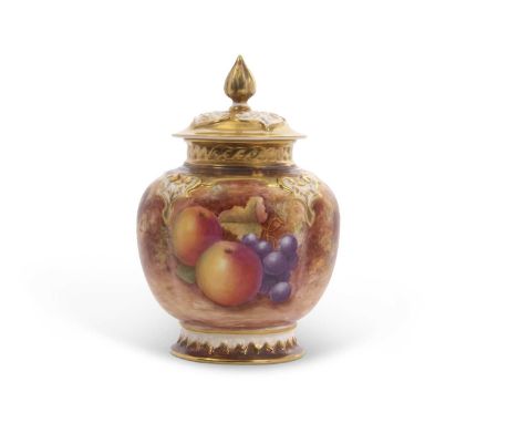 A Royal Worcester vase of lobed form painted with fruit, signed M Morris with pierced gilt cover, 14cm high