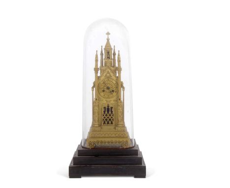 A 19th Century French brass mantel clock of Cathedral form, the central dial with Roman numerals and fitted with a brass move