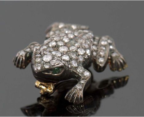 A late Victorian diamond and emerald frog brooch, set throughout with European and single cut diamonds with emerald eyes, all