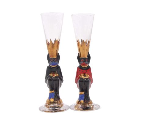 A near pair of Devil Nobel Schnapps drinking glasses designed by Gunnar Cyren for Orrefors with a conical bowl above a stylis