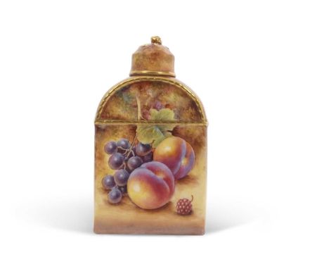 A Royal Worcester caddy and cover painted with fruit by D Fuller in original box