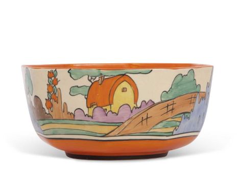 A Clarice Cliff octagonal bowl with the red roof cottage pattern, factory mark with Fantasque Bizarre to base, 21cm width